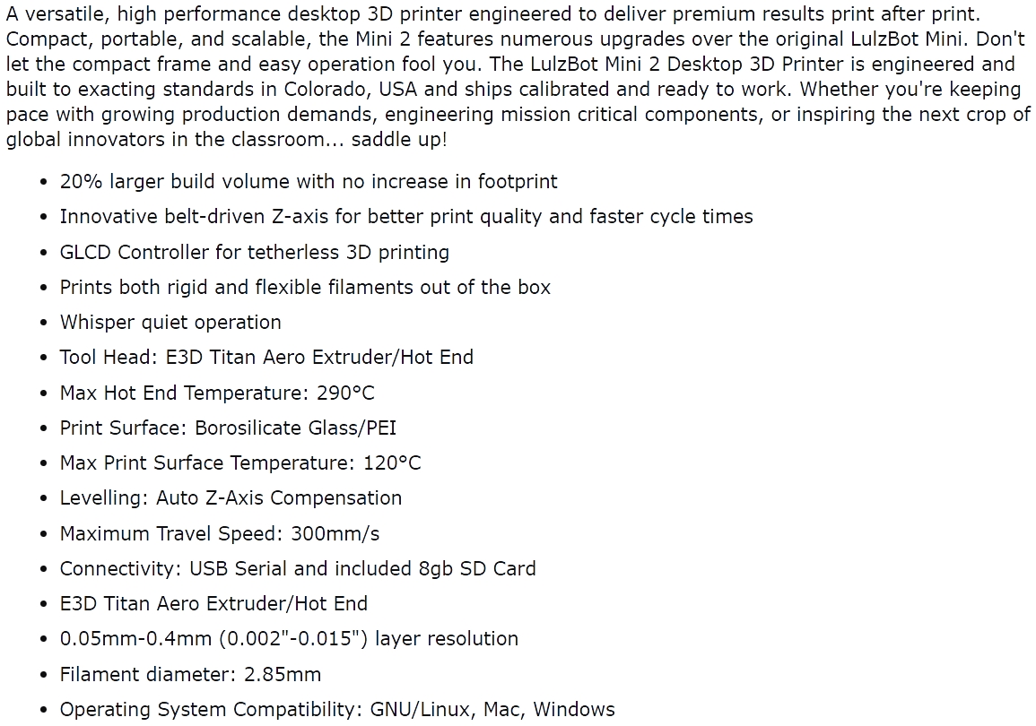 מדפסת תלת מידי LULZBOT MINI 2 3D PRINTER TEXT